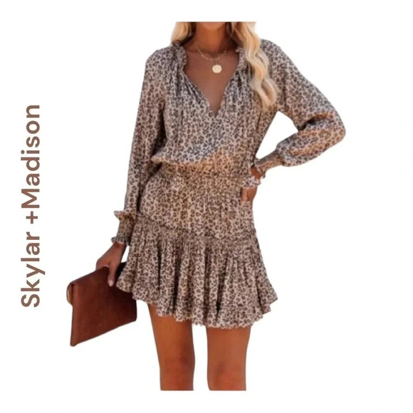 Skylar & Madison Brown Animal‎ Print Leopard Small Mini Ruffled Dress - Picture 1 of 6